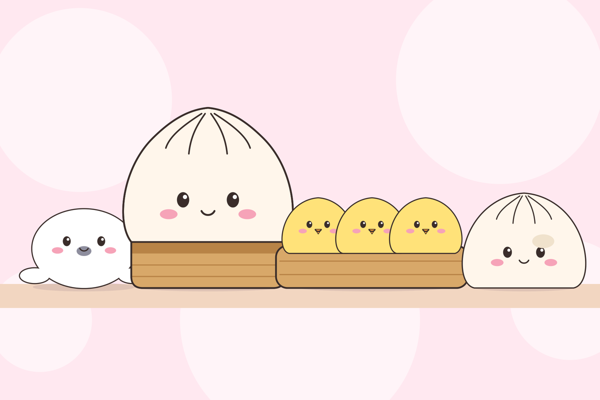 Illustration of dumpling squishies in a row, a seal bun, a bao in a steamer basket, three chick buns and a steamed bun