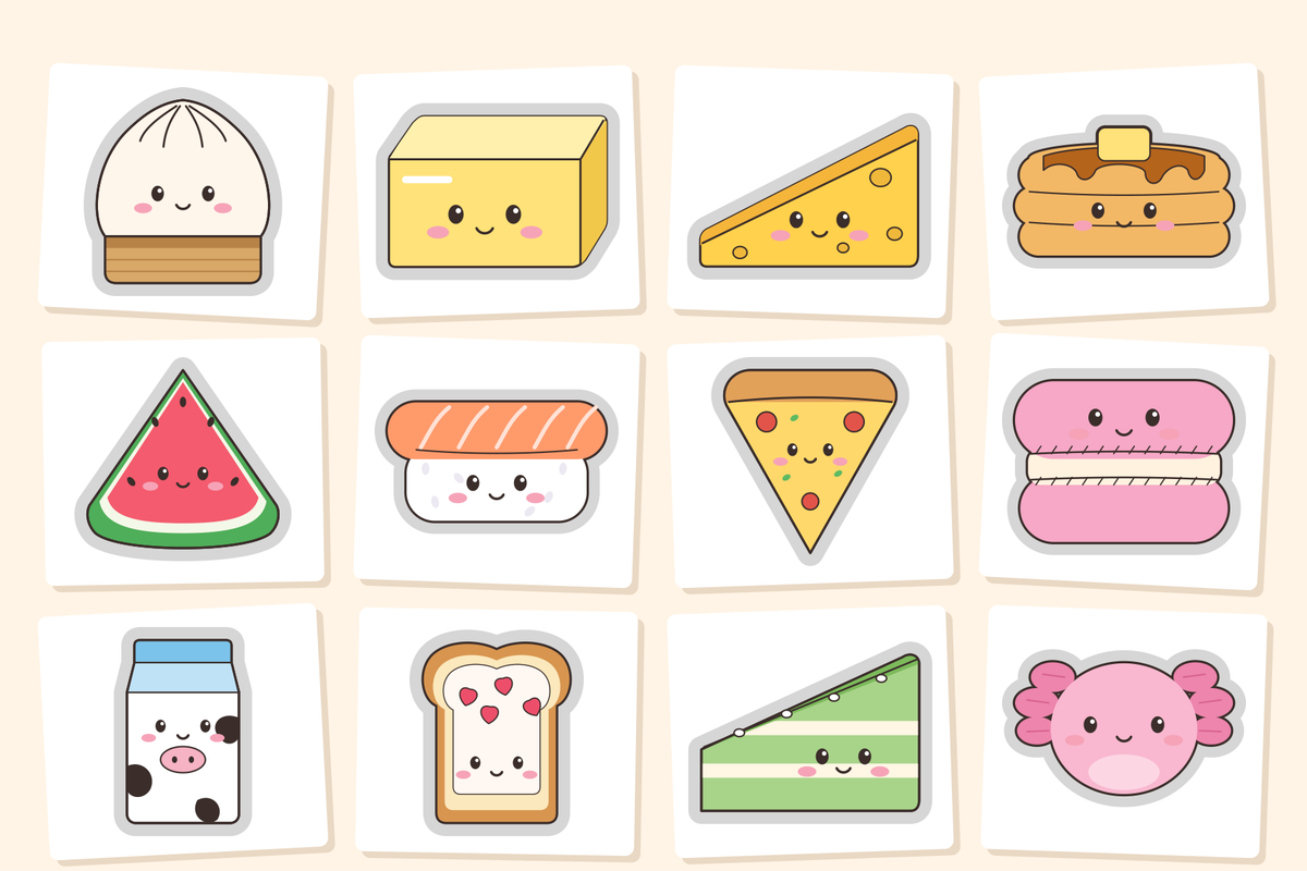 Twelve printable paper squishy templates on white sheets, among them a dumpling, a butter block, a cheese wedge and sushi