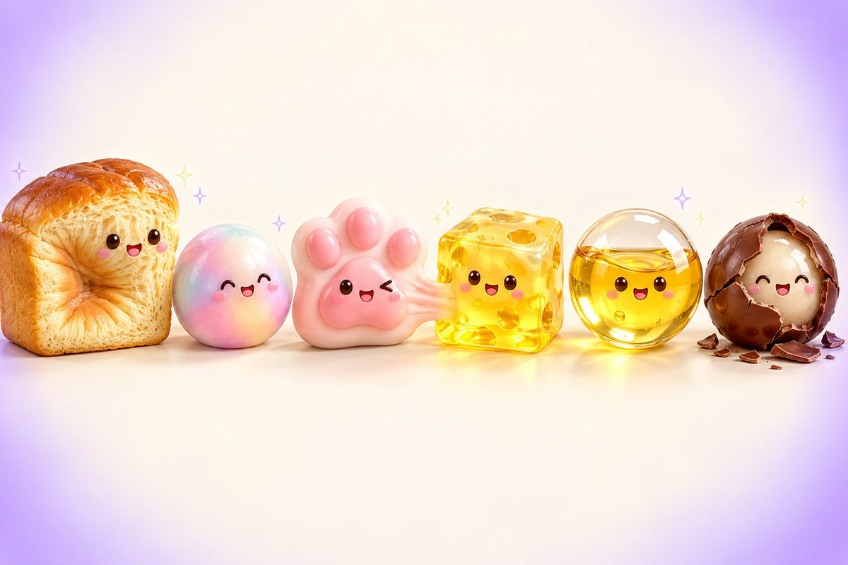 Sześć squishy w rzędzie, od piankowego chlebka z wgnieceniem przez łapkę taba i żelowy ser po pękniętą czekoladową kulkę
