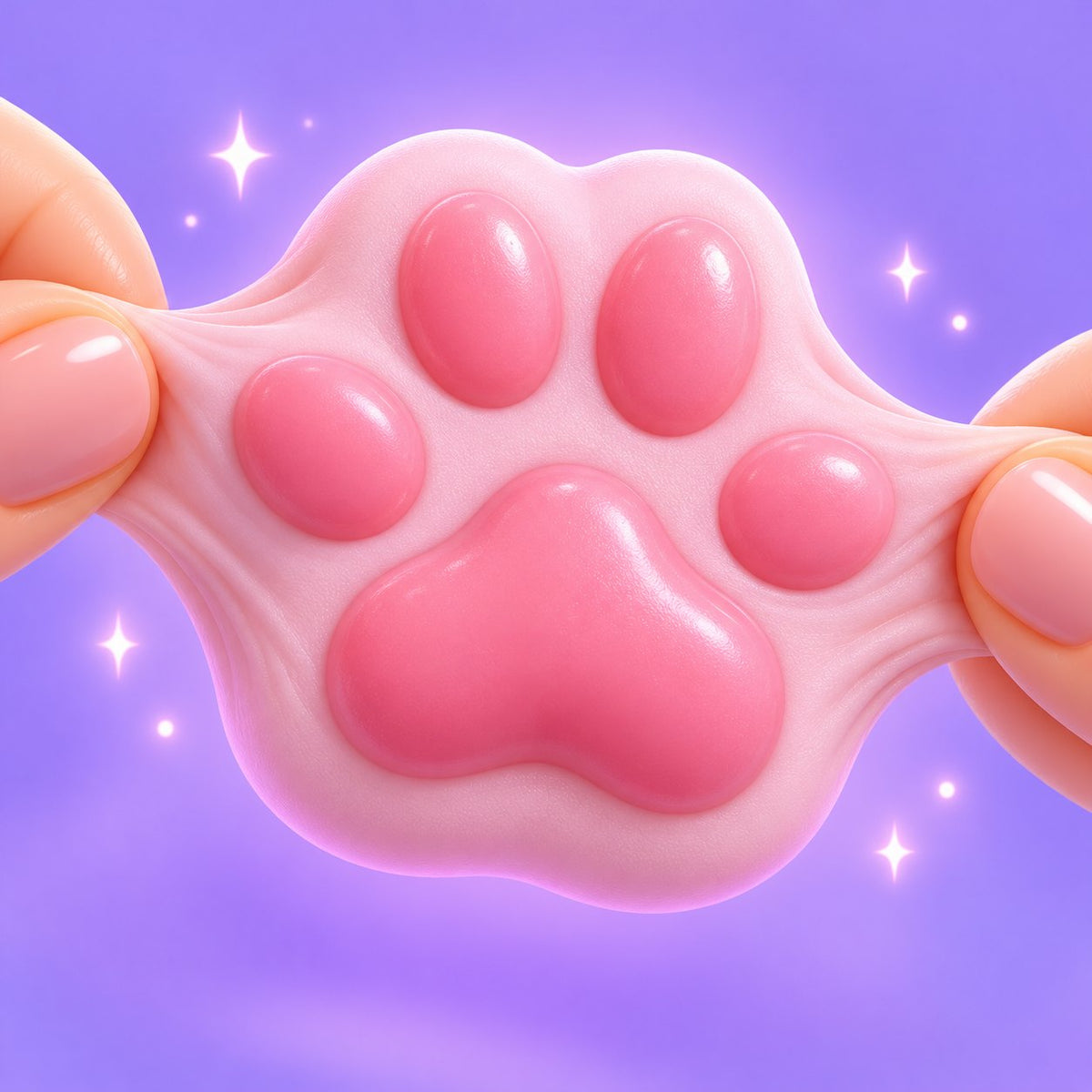 Una zampa di gatto taba rosa in silicone tirata tra due dita