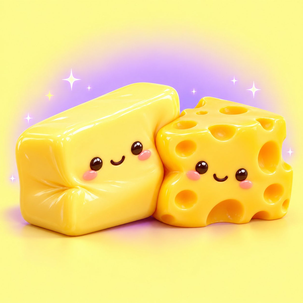Błyszcząca żółta kostka masła i kawałek sera z dziurami jako squishy, oba z buzią kawaii na jasnożółtym tle