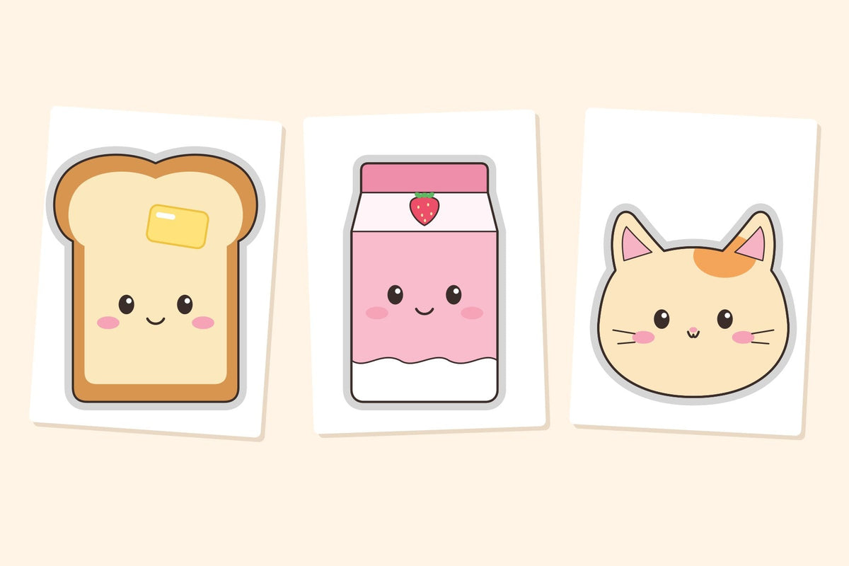 Three paper squishy templates on white sheets, a toast with butter, a pink strawberry milk and a cat face