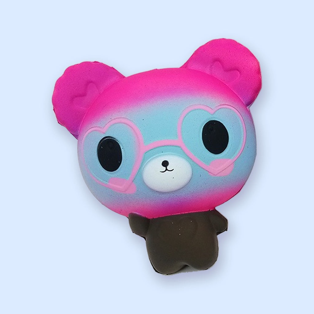 Bear Squishy with Heart Glasses, Slow Rising, 12 cm (Pink and blue)