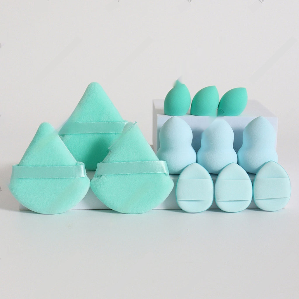 DIY sponge squishy supplies in mint green, triangle puffs and drop sponges