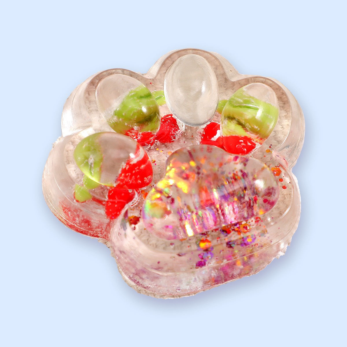 Squishy łapka kota z owocami i brokatem, 7 cm, squishy galaretka