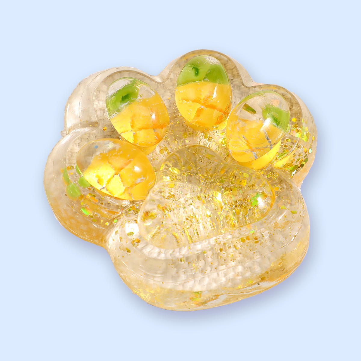 Squishy łapka kota z owocami i brokatem, 7 cm, squishy galaretka