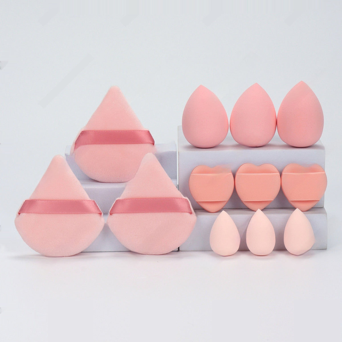 Makeup sponge squishy set in pink, triangle puffs and drop sponges