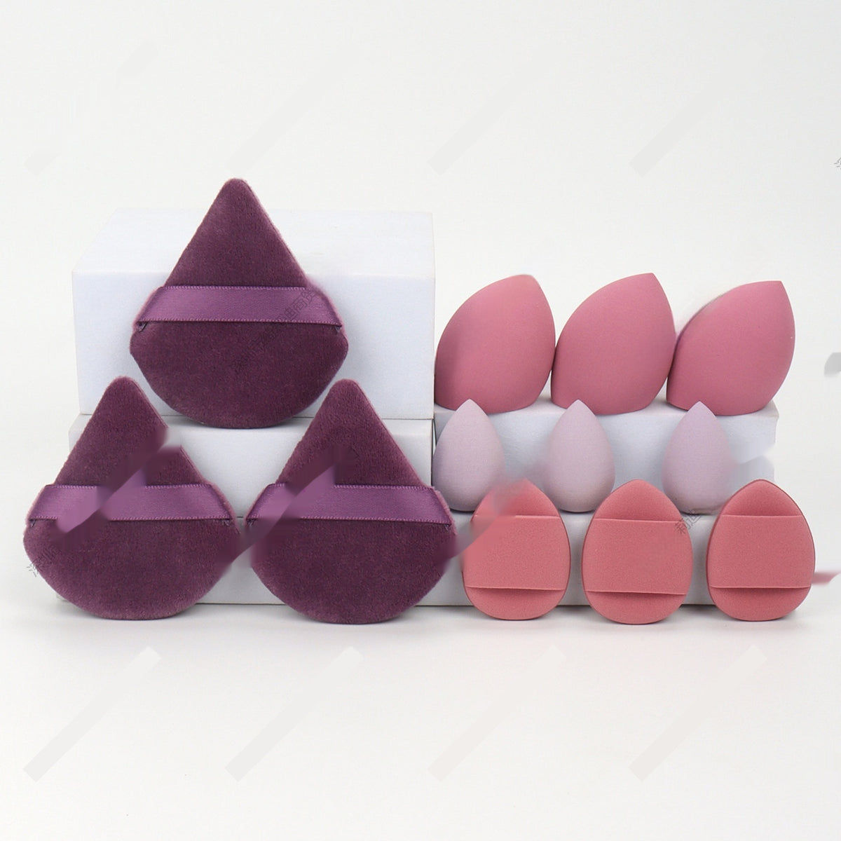 DIY sponge squishy supplies in plum, triangle puffs and drop sponges