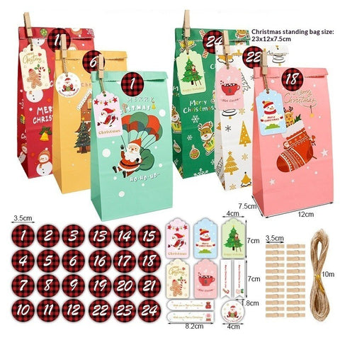 Advent calendar bags to fill: 24 kraft paper stand-up bags with Christmas prints and number stickers