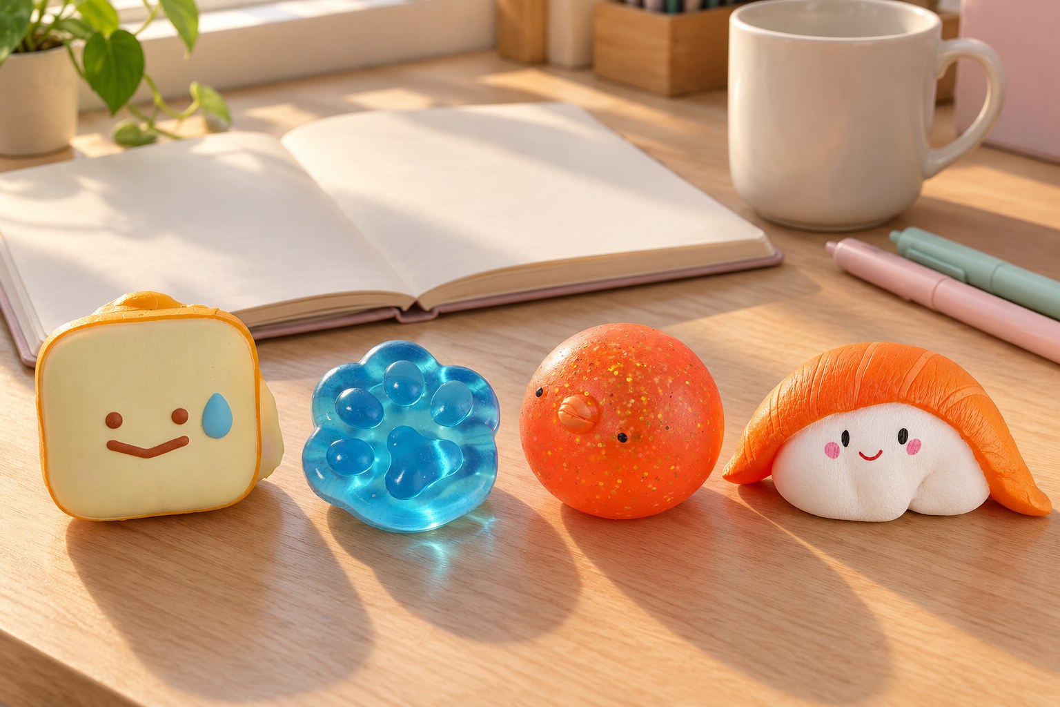 Pastel desk with blank notebook, pens and mug, four squishies in front: kawaii toast, blue jelly cat paw, glitter chick and salmon nigiri