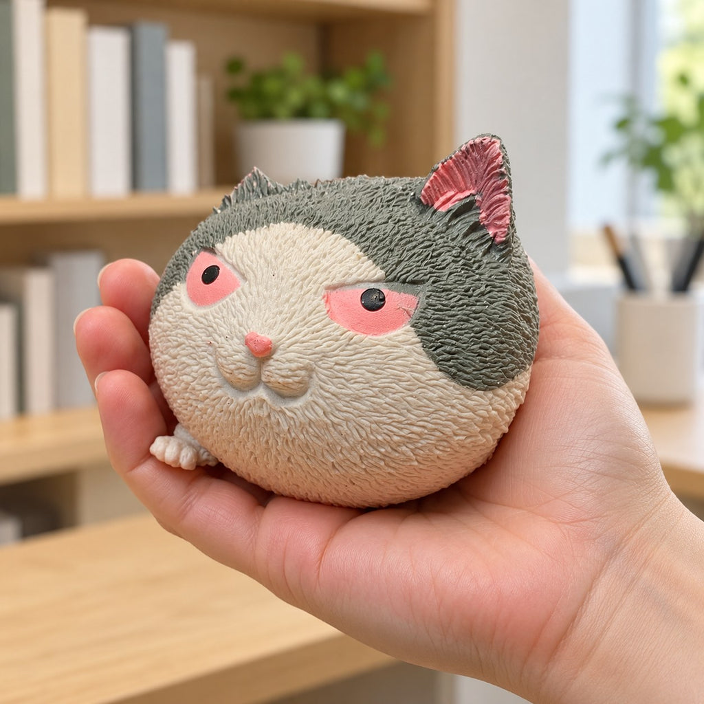 Angry cat squishy, held in a hand to show the real size