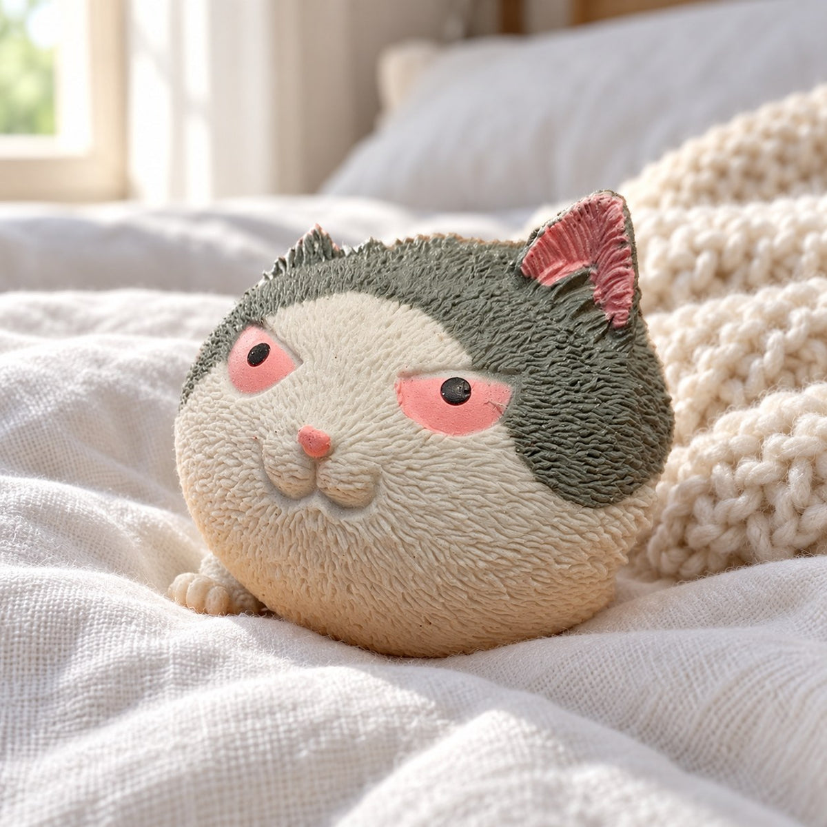 Angry cat squishy, on a cozy bed with soft blankets
