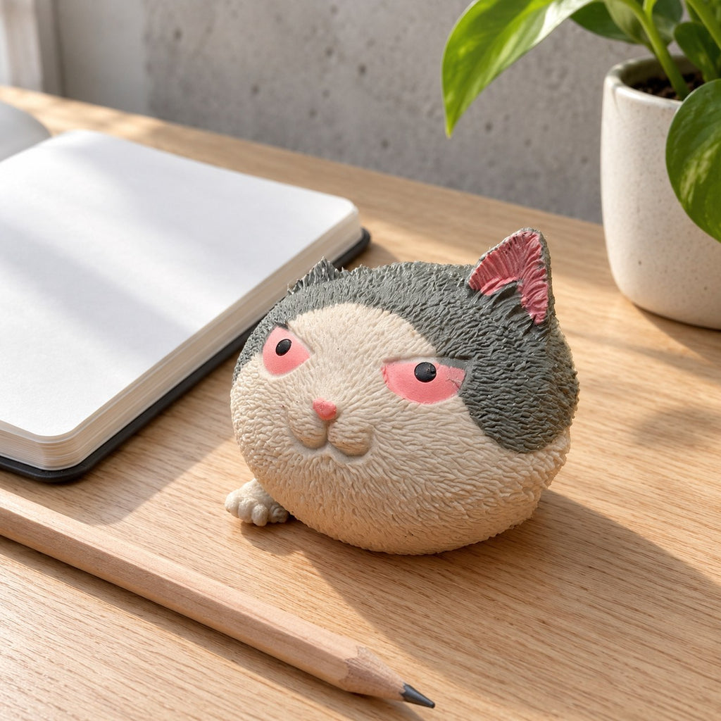 Angry cat squishy soft, on a desk with a notebook and pencil