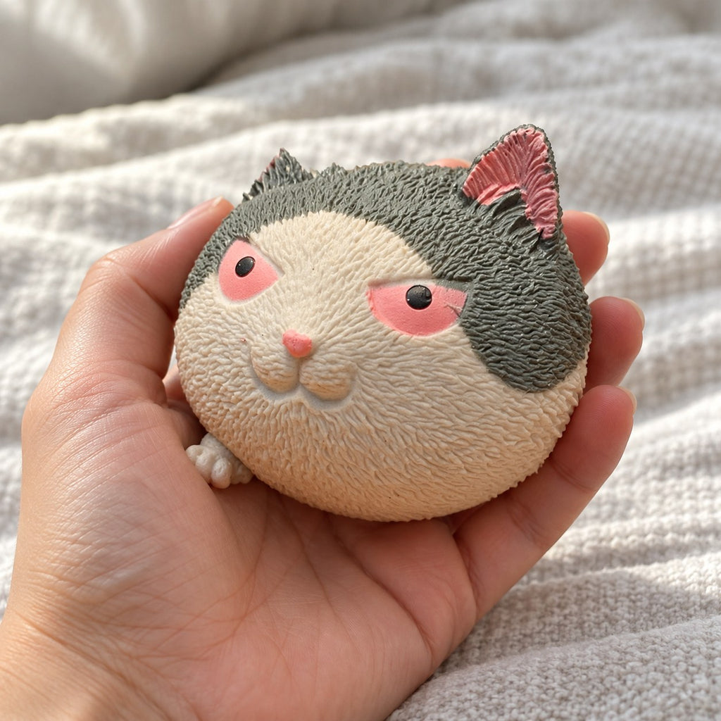 Angry cat squishy soft, held toward the camera, first-person view