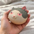 Angry cat squishy soft, held toward the camera, first-person view