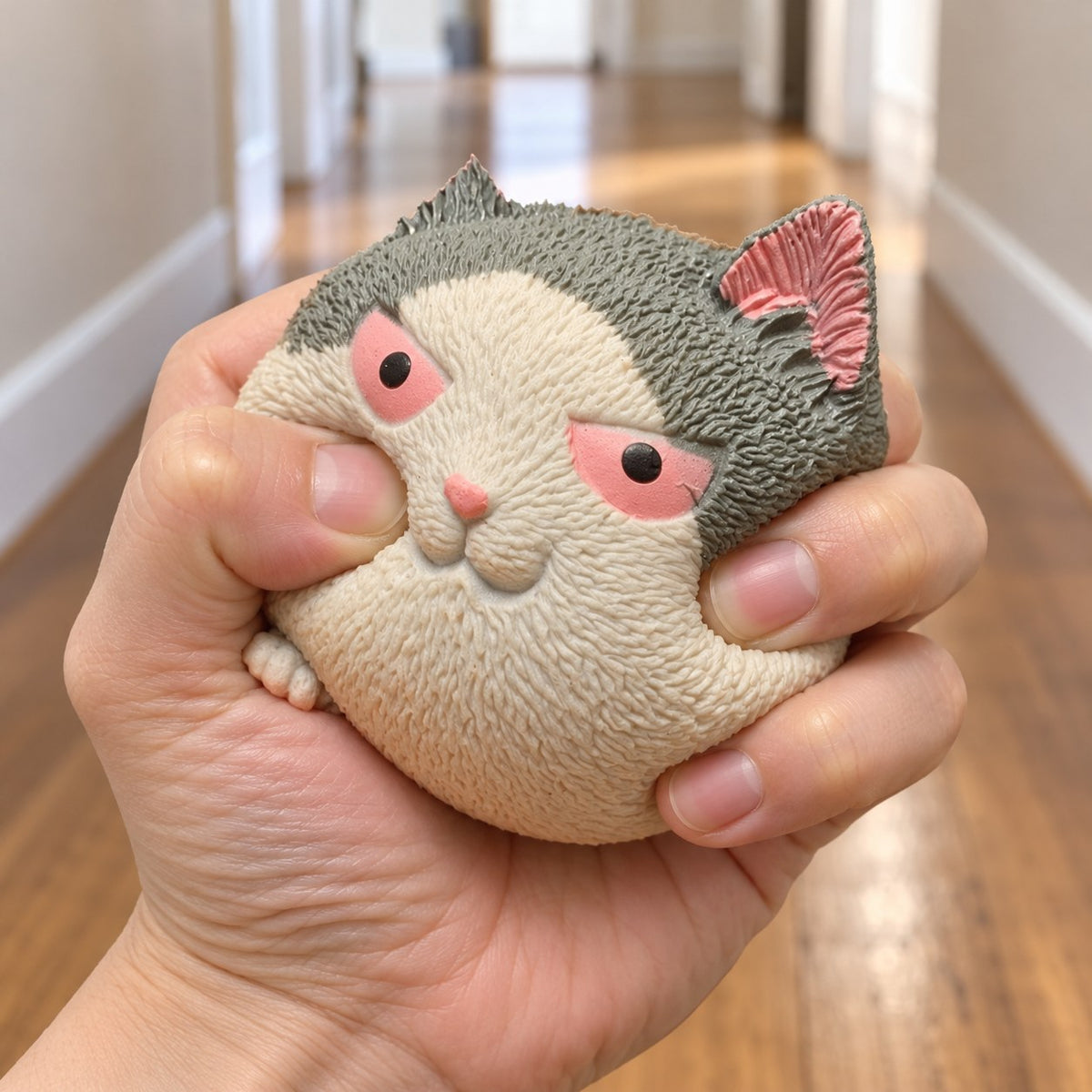 Angry cat squishy soft, being squeezed by hand, soft and squishy