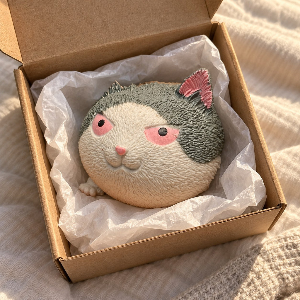 Angry cat squishy soft, unboxed from a parcel with tissue paper