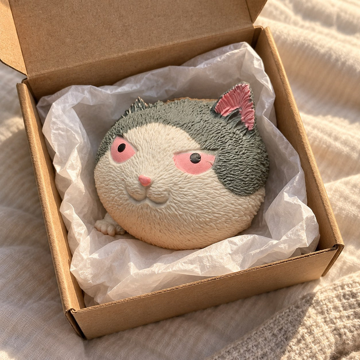 Angry cat squishy soft, unboxed from a parcel with tissue paper