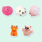 Animal squishy set with axolotl, panda, sheep, highland cow and muscle pig