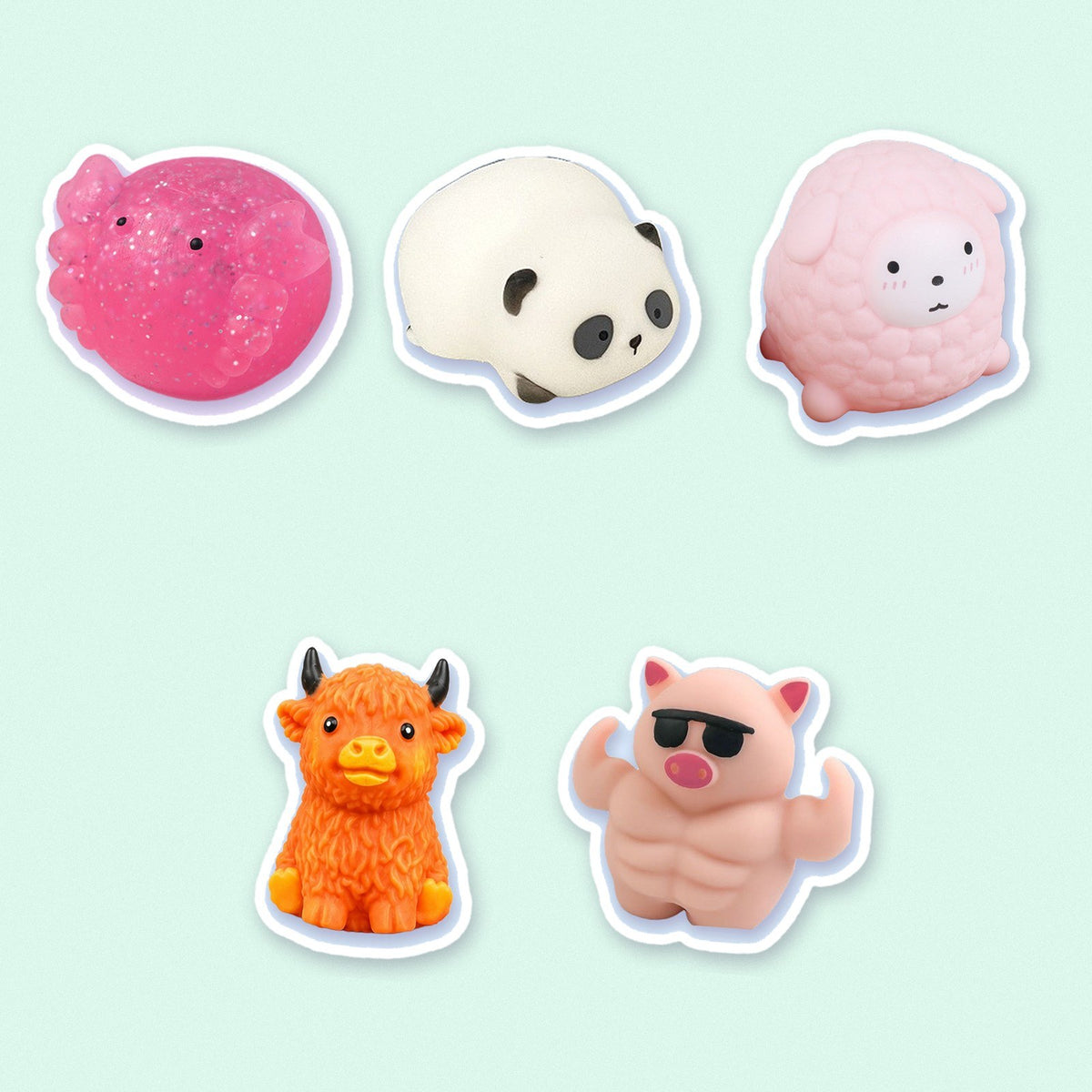 Animal squishy set with axolotl, panda, sheep, highland cow and muscle pig