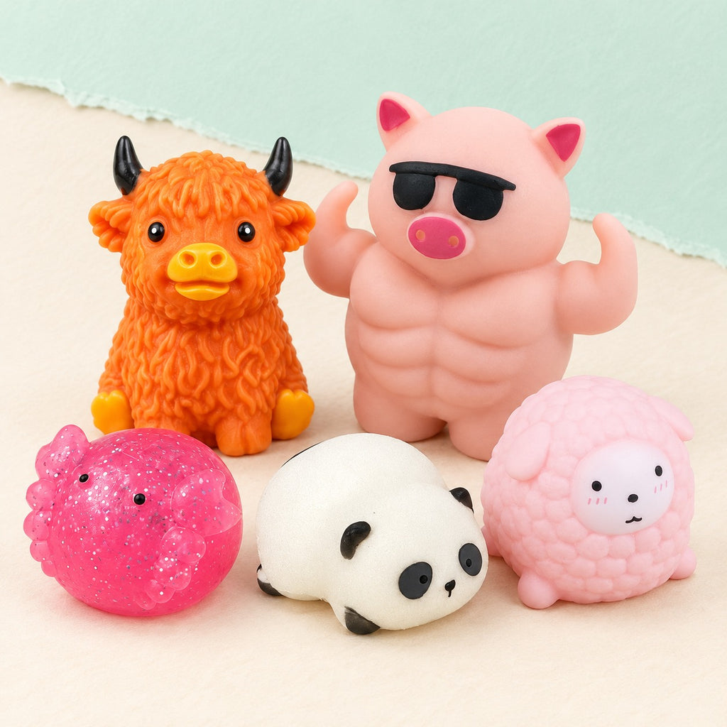 Animal squishy set of 5: highland cow, muscle pig, glitter axolotl, panda and sheep on pastel paper