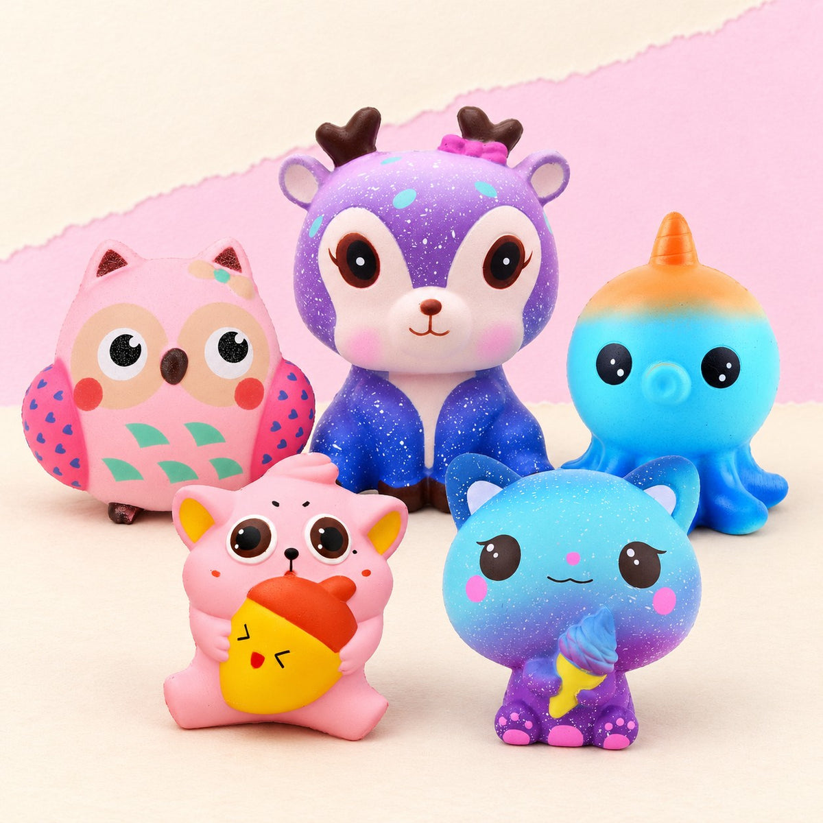 Animal squishy set slow rising – Slow Rising Animal Squishy Set of 5, product photo on pastel paper