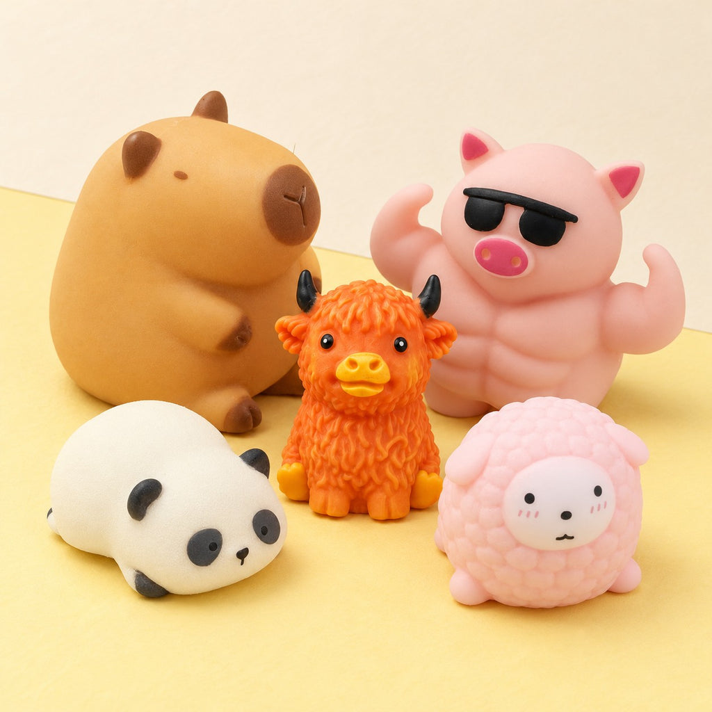 Animal squishy set – Animal Friends Squishy Set of 5, product photo on pastel paper