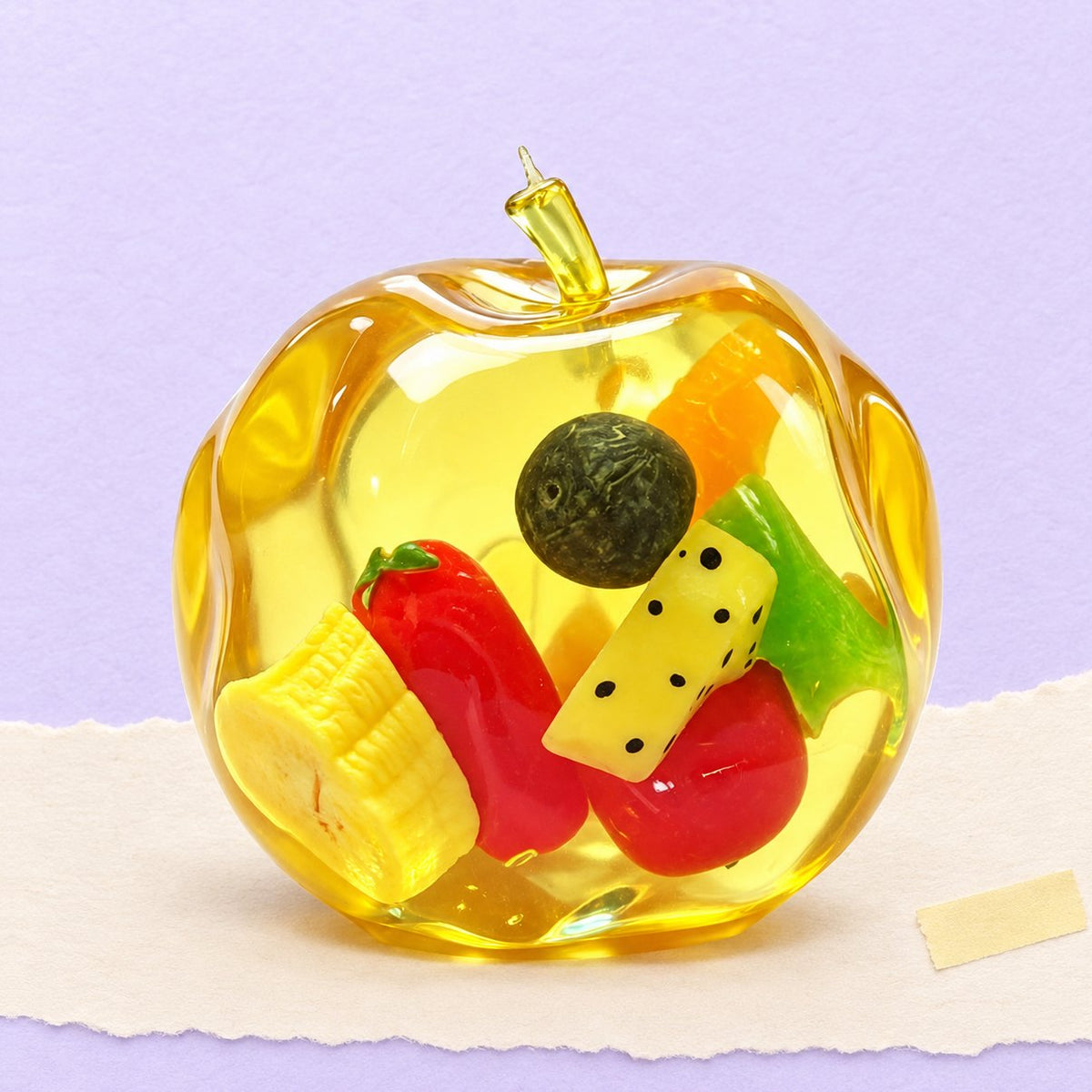 Appel squishy met fruit in gel op pastelkleurig papier