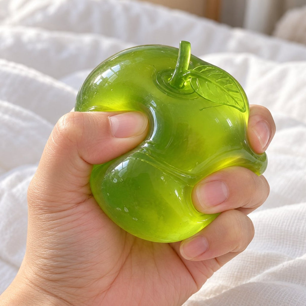 Heldergroene appel squishy van maltose wordt in de hand samengeknepen