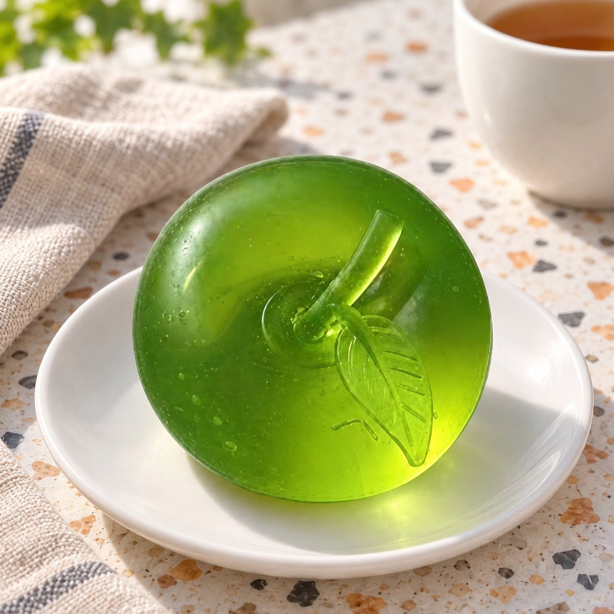 Heldergroene appel squishy van maltose op een bordje aan de ontbijttafel