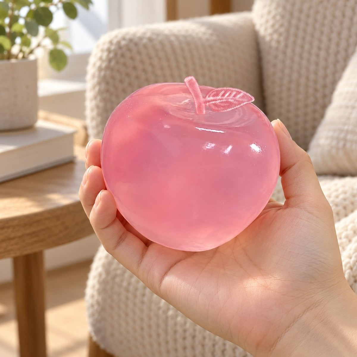 Poederroze rekbare appel squishy in de hand, zo zie je de echte grootte