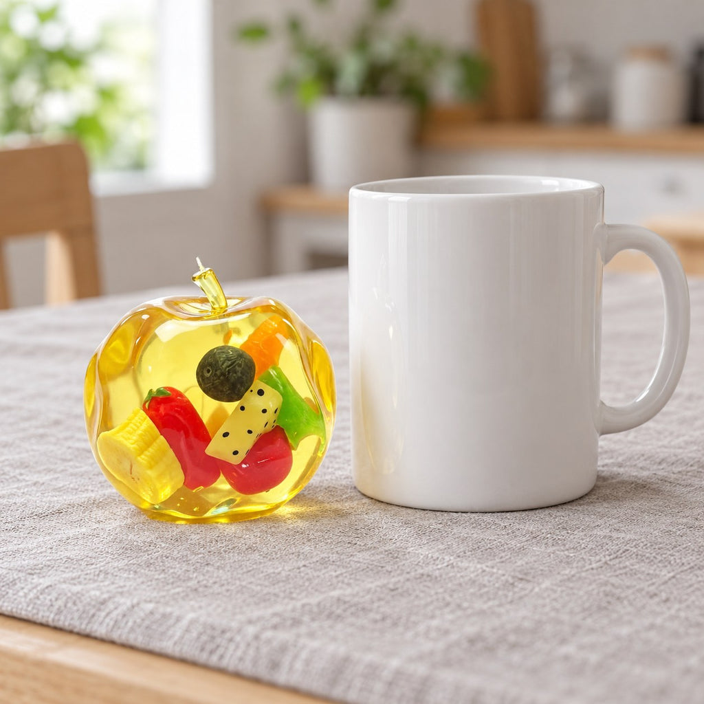 Apple Squishy with Fruit Inside, Slow Rising, next to a coffee mug for size comparison
