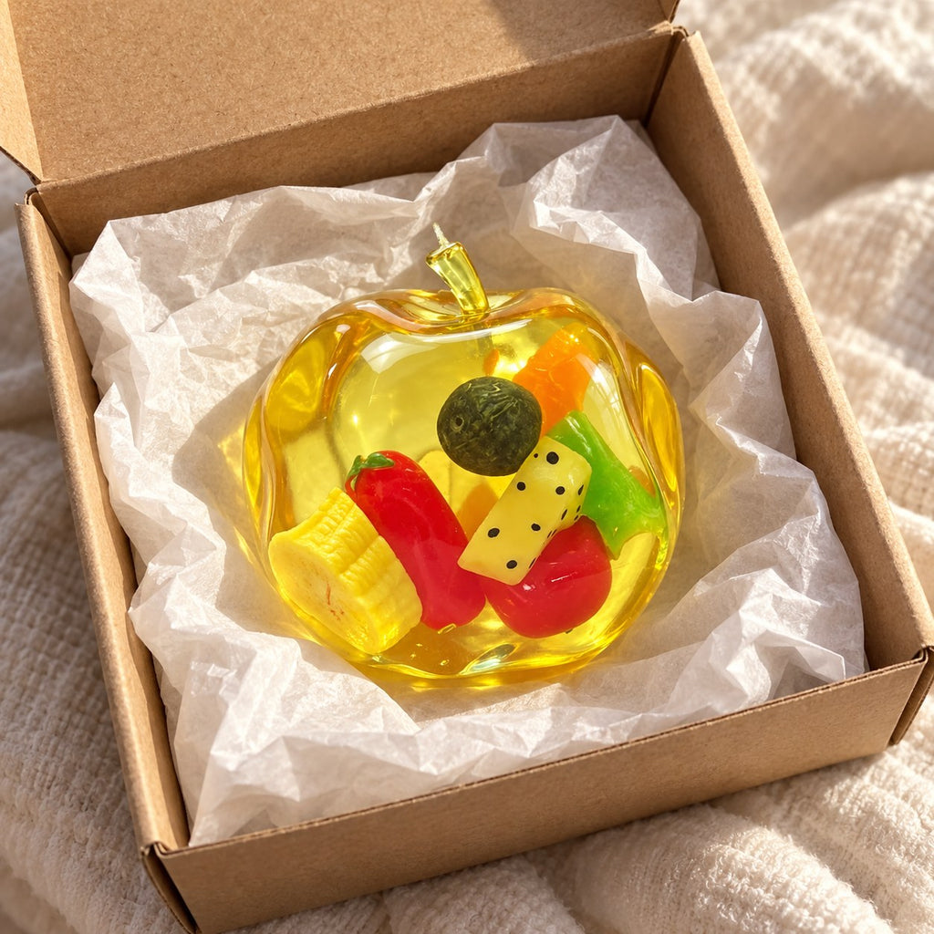 Apple squishy, unboxed from a parcel with tissue paper
