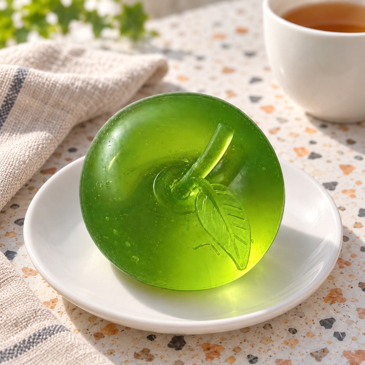 Squishy maçã de maltose (Verde transparente), num prato na mesa do pequeno-almoço