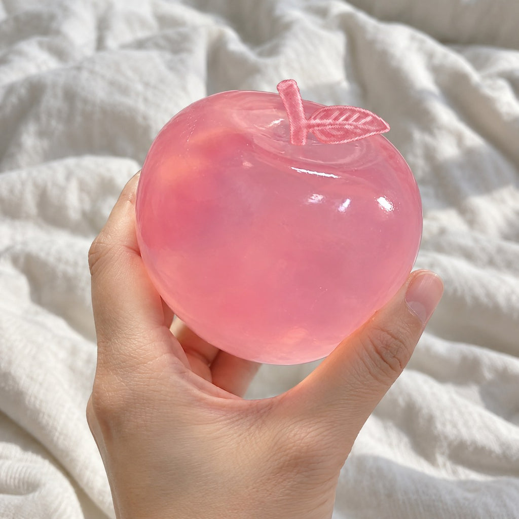 Squishy maçã maltose (Rosa pó), segurado em direção à câmara, na primeira pessoa