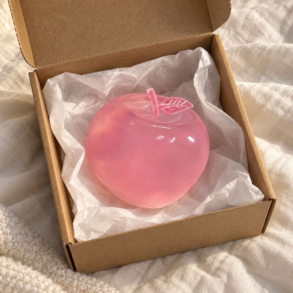 Squishy maçã de maltose (Rosa pó), acabado de tirar da encomenda com papel de seda