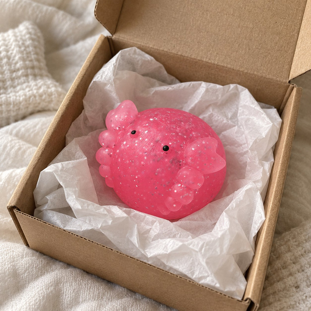 Axolotl squishy mochi, unboxed from a parcel with tissue paper