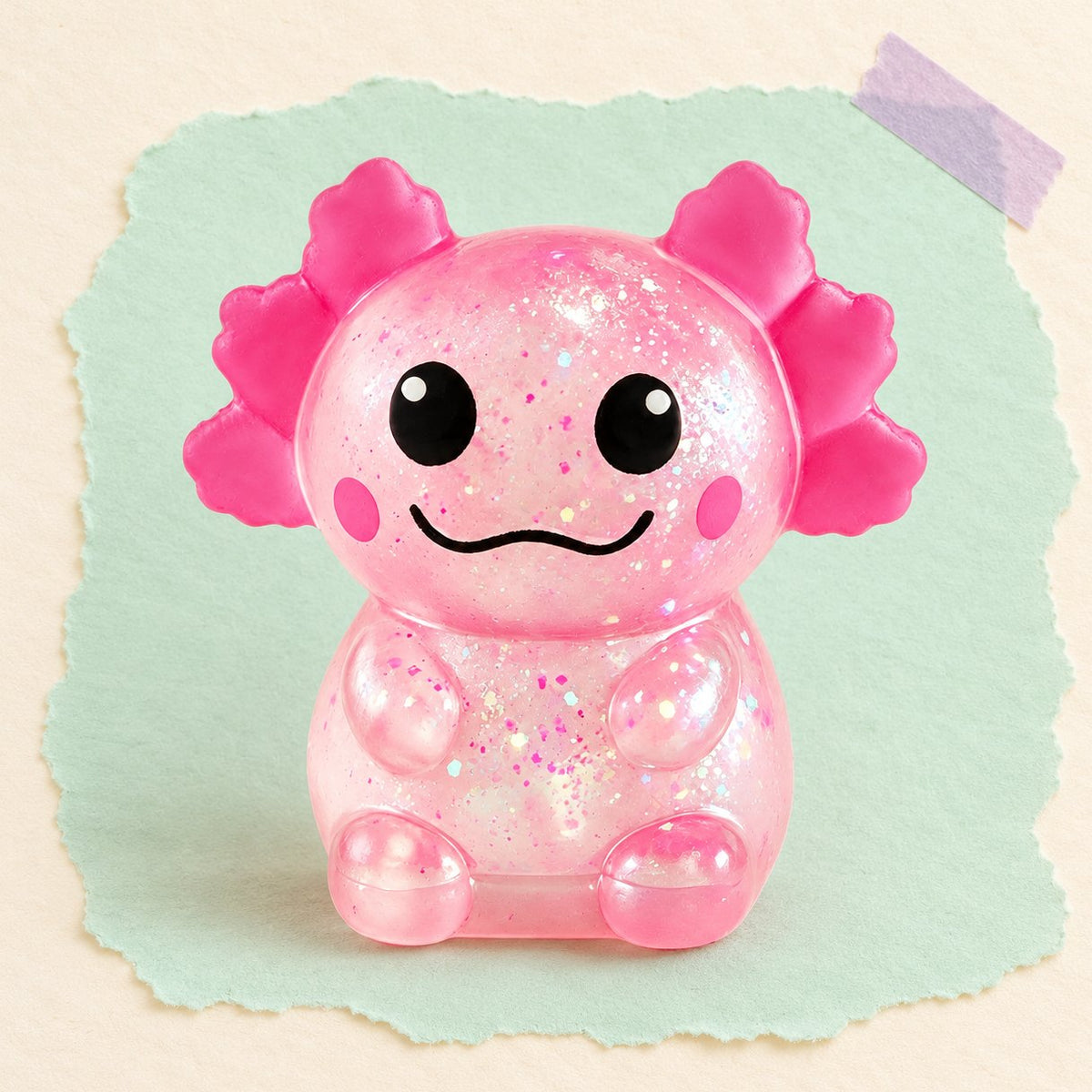 Axolotl Squishy mit Glitzer in Rosa, Slow Rising, Produktfoto auf Pastellpapier