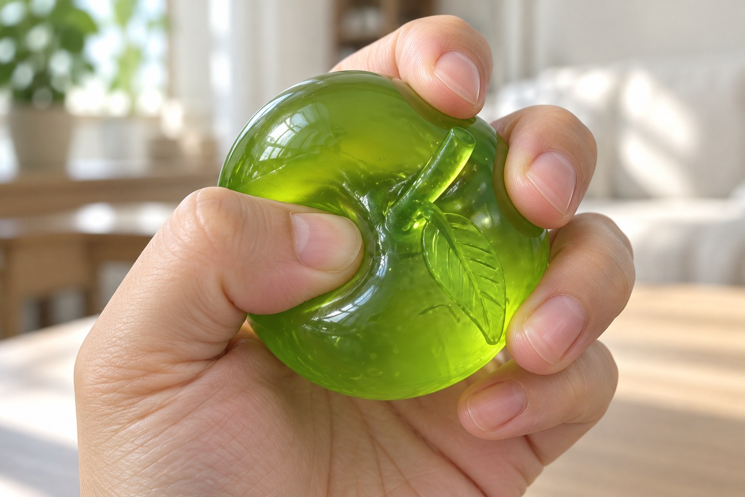 Balle squishy en gelée pressée dans la main : pomme verte en maltose, la gelée gonfle entre les doigts