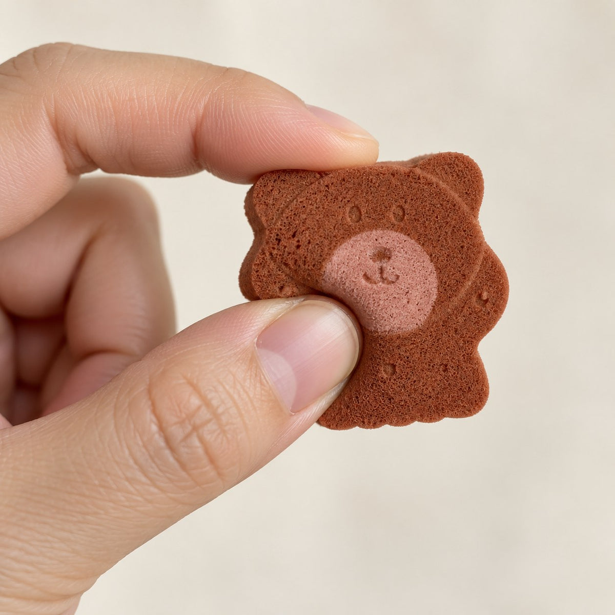 Bear craft sponges for DIY squishies, as a painted bear squishy squeezed in the hand