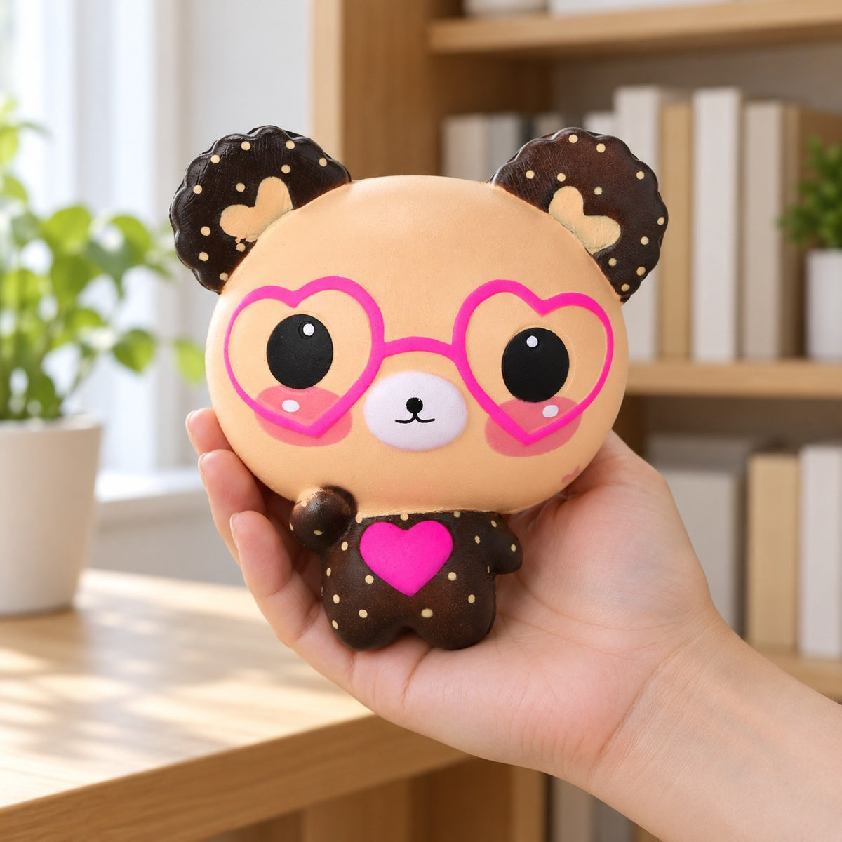Bear Squishy with Heart Glasses, Slow Rising, 12 cm (Beige), held in a hand to show the real size