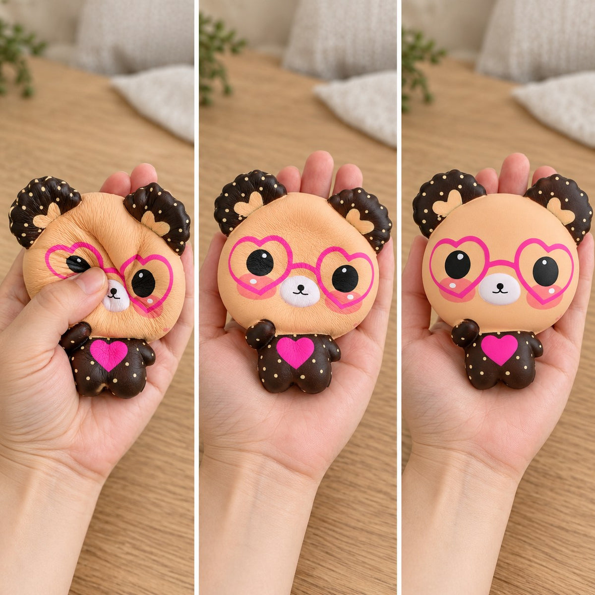 Bear Squishy with Heart Glasses, Slow Rising, 12 cm (Beige), squished flat, half risen and fully back in shape