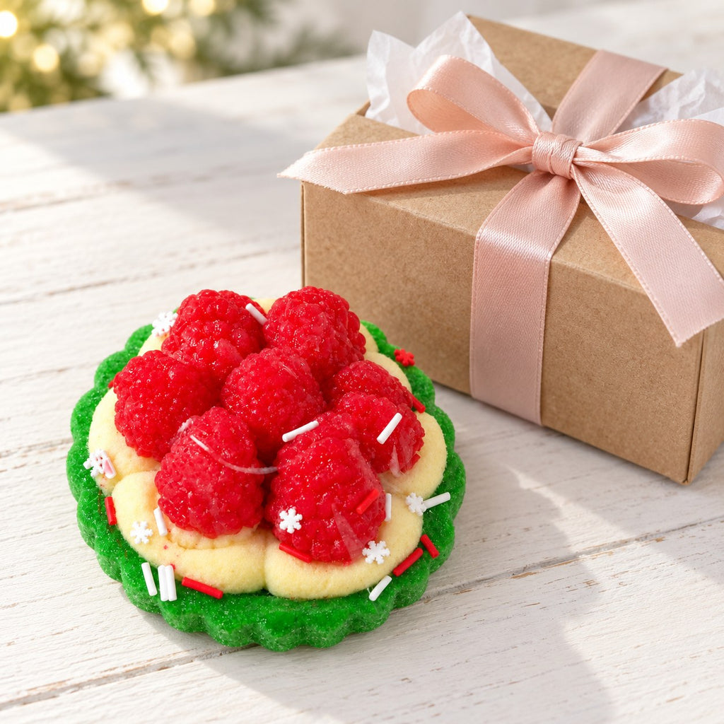 Berry tart squishy, as a small gift next to a wrapped box