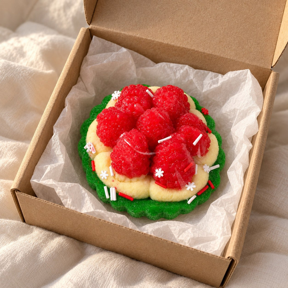 Berry tart squishy christmas, unboxed from a parcel with tissue paper