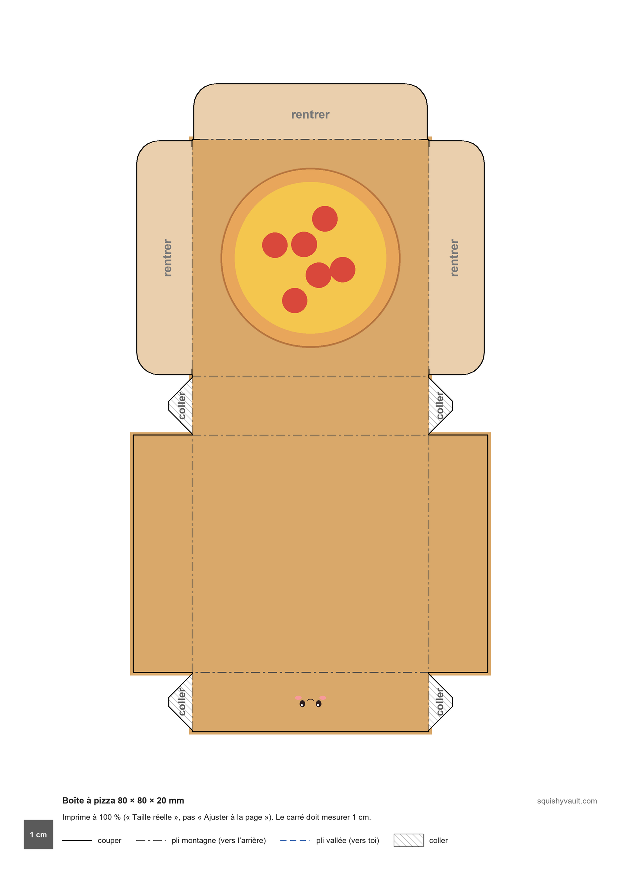 Squishy en papier nourriture à imprimer, patron de boîte à pizza qui s'ouvre, avec une pizza sur le couvercle