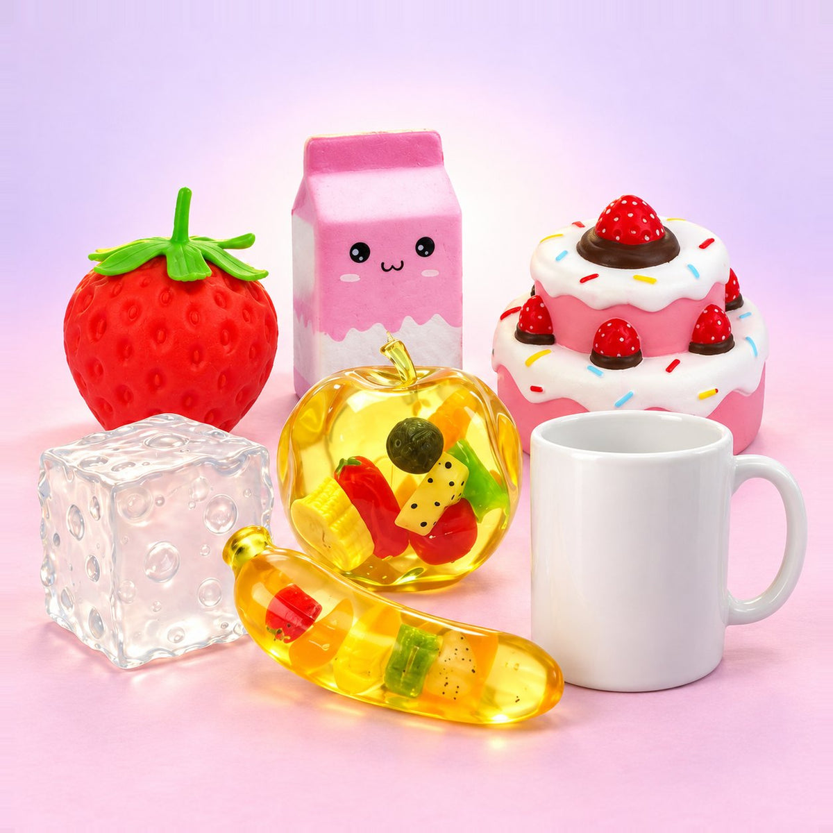 Box di squishy giganti: 6 pezzi jumbo, dalla banana alla torta alla fragola, accanto a una tazza bianca