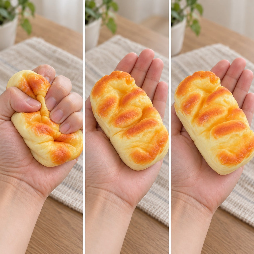 Brioche squishy (11 cm), squished flat, half risen and fully back in shape
