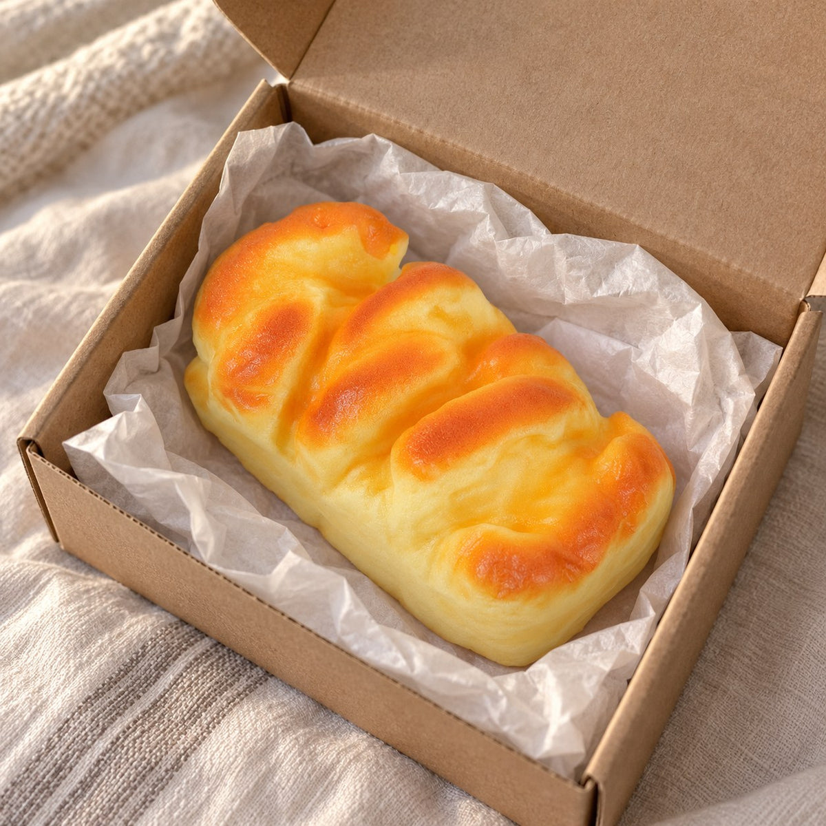 Brioche squishy (11 cm), unboxed from a parcel with tissue paper