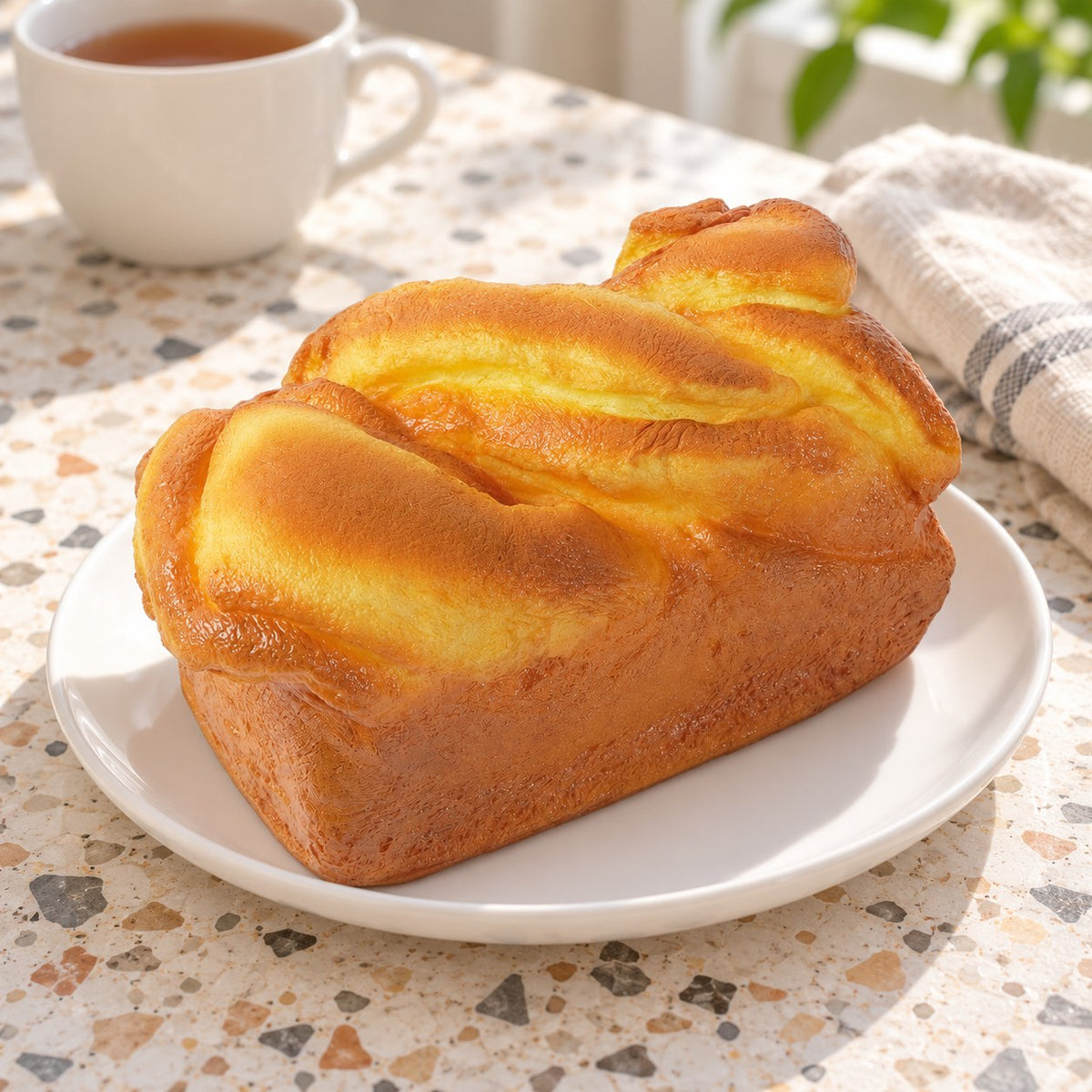 Bread Loaf Squishy, Brioche Style 11 or 15 cm, on a plate on a breakfast table