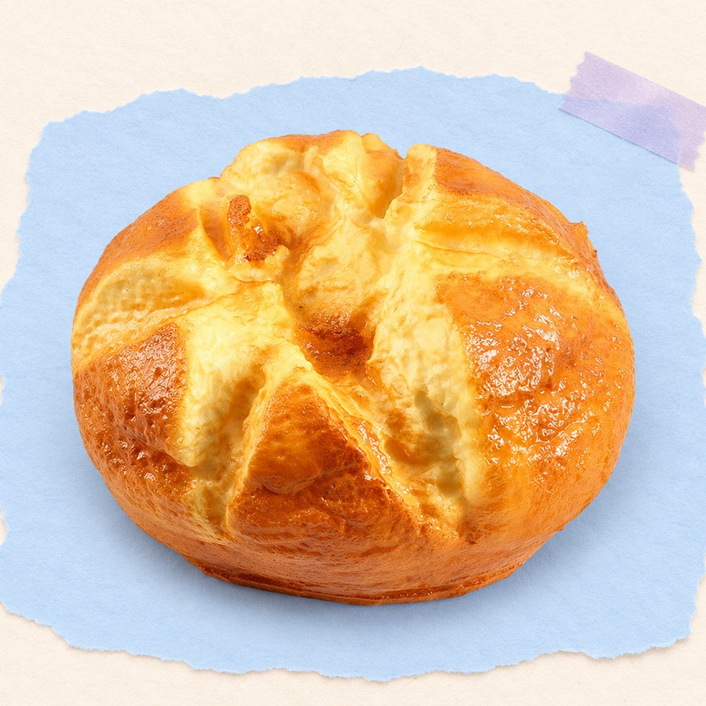 Bread loaf squishy jumbo – Jumbo Bread Squishy, Round Loaf 14.5 cm, product photo on pastel paper